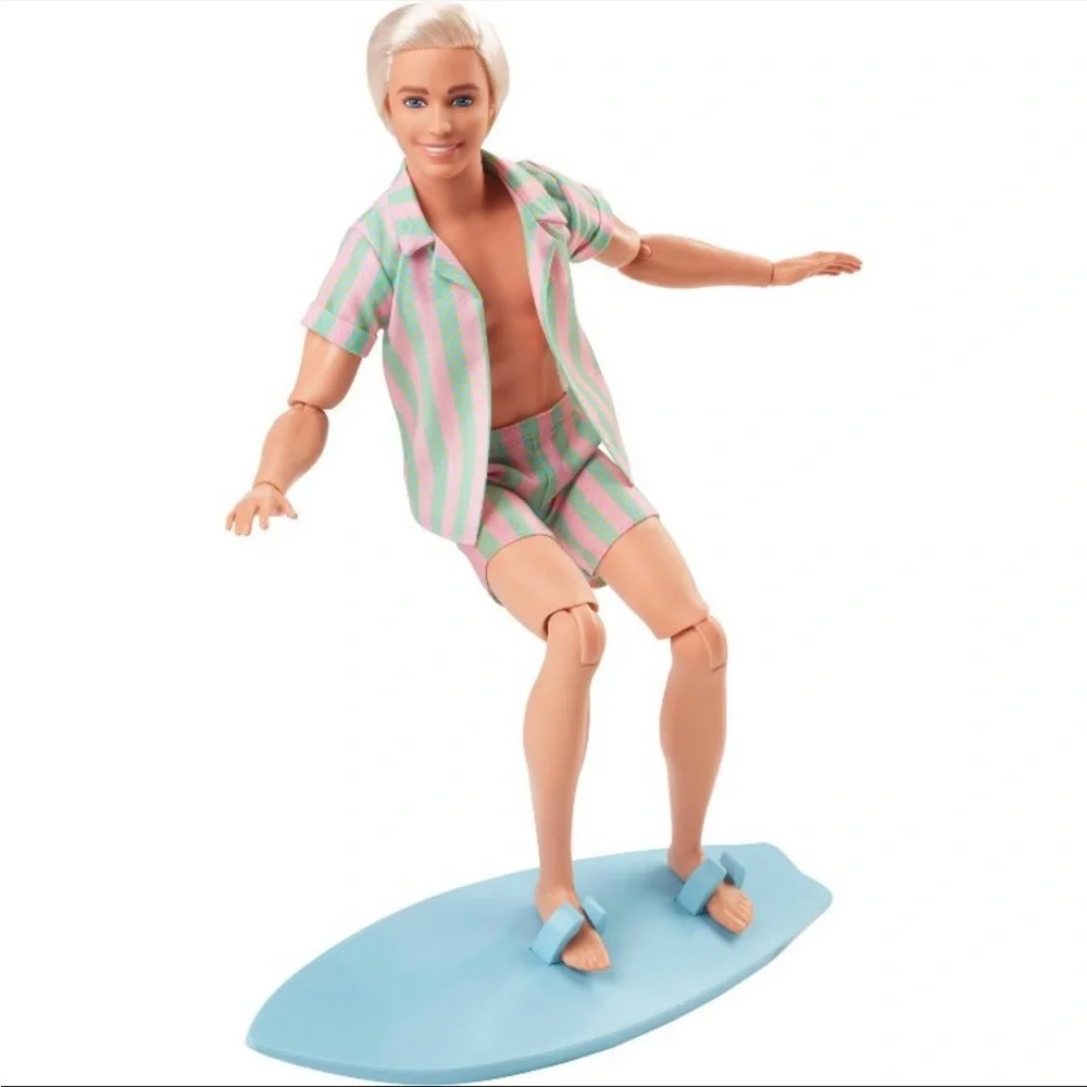 Barbie the Movie Ken Doll Wearing Pastel Striped Beach Matching Set Surfer Ken - Picture 4 of 5